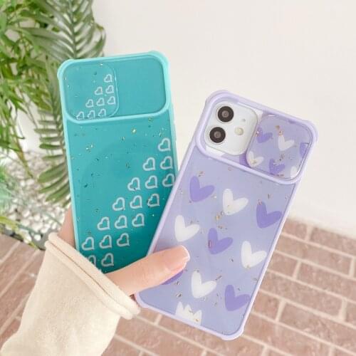 Gold Foil Love Heart Green Purple Push Pull Phone Case For Iphone 11 12 Pro Max X XR XS Mini 7 8 Plus SE 2020 Shockproof Cover