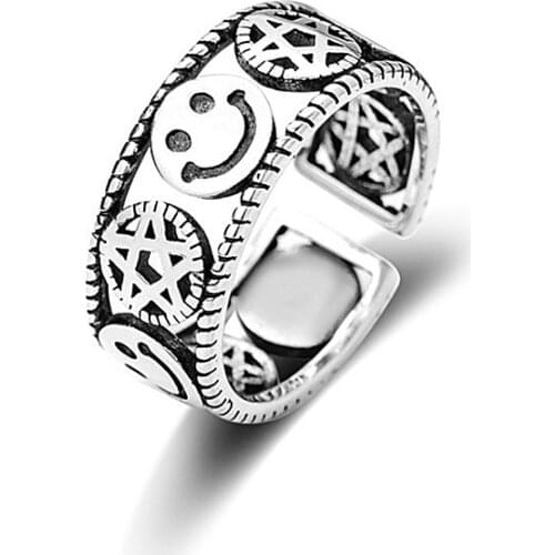 Vintage Smiley Face Wide Rings for Women Silver color Chunky Twisted Chain Geometric Smile Rings Gothic Punk Jewelry Wholesale