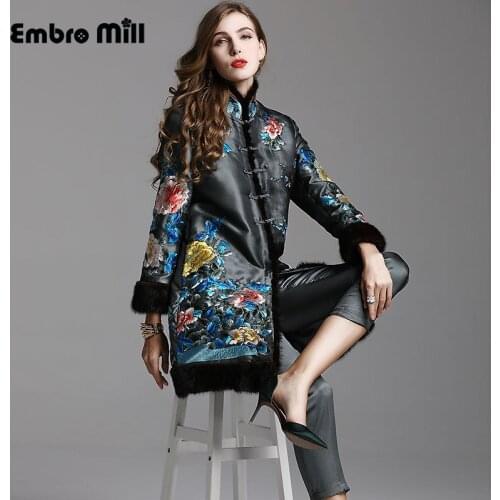 High-end autumn winter women Windbreaker Coat vintage embroidery slim coat M-XXL