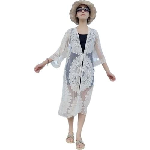 Women Summer Swimwear Sexy Hollow Fashion Lace Knit Casual Loose Beach Vacation Woman Sunscreen Bikini Long Cardigan Robe Femme