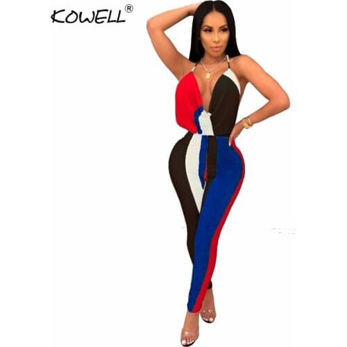 Hot sell sleeveless sexy women jumpsuit romper Summer deep v neck patchwork backless long playsuit fitness overalls party club