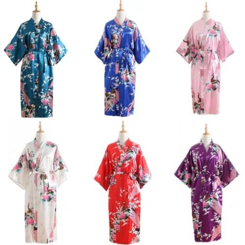 15Color Women Japanese Style Kimono Yukata Sleep Wear Peacock Satin Thin Long Nightgown Robes Traditional Adult Loose Clothing