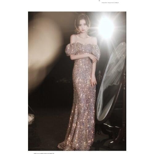 CloverBridal In Stock robe de soirée de mariage abito cerimonia donna 2021 Gold Sequin Off Shoulder Dresses For Women DH9508
