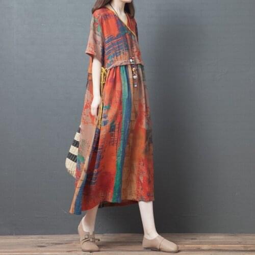 Women Summer Dress 2020 Plus Size Robe Vintage Femme Cotton Linen Patchwork Chinese Style Dress Vintage Clothes Women 11343