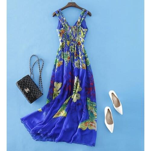 Summer Vintage Dress Women Clothes Sexy Boho 200% Real Silk Long Elegant Vestidos Ladies Floral Blue Maxi Dress 66244