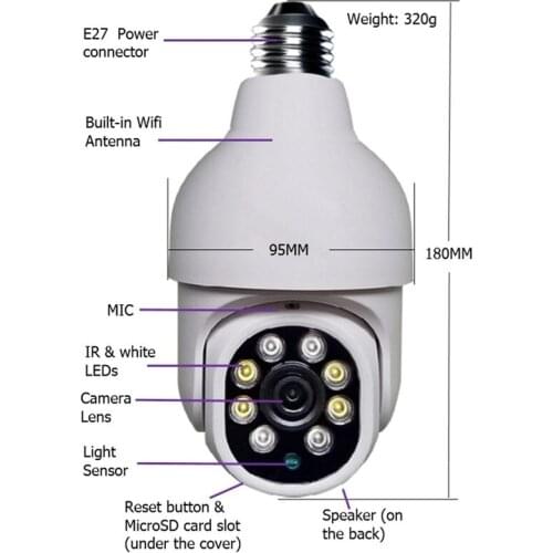 360 Wifi PTZ IP HD 1080P Rotate Auto Tracking Panoramic Camera Light Bulb Wireless Camera Remote Viewing Security Surveillance