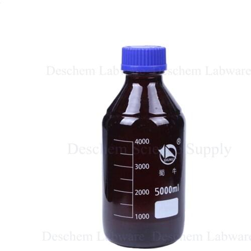5000ml,Amber Brown Glass Reagent Bottle W/Blue Plastic Lid,5L,Graduation 4000ml