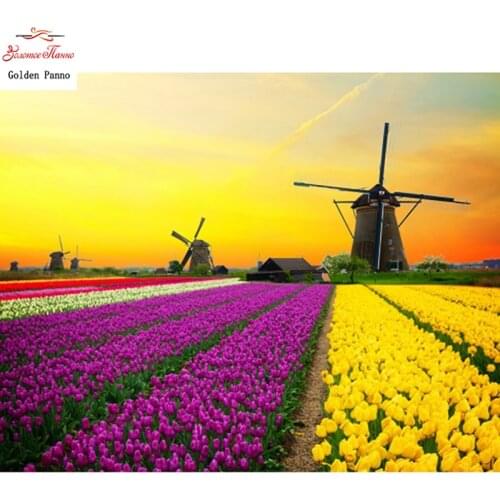 5D DIY diamond painting cross stitch square mosaic tulip flower field windmill rhinestones painting diamond embroidery