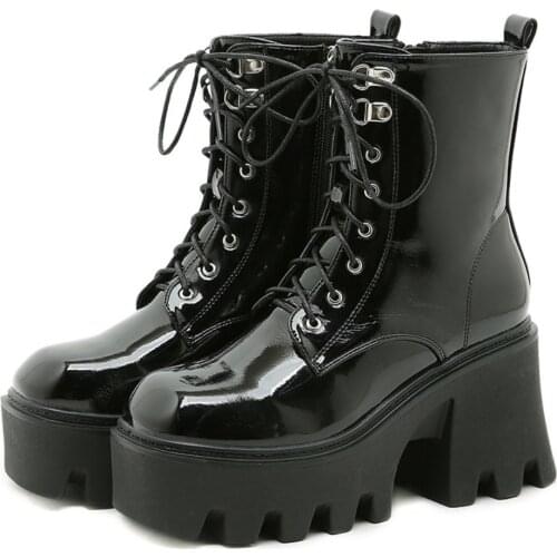 Autumn Winter Gothic Punk Womens Platform Boots Black Strap Creeper Wedges Platform Shoes Europe America Patent Leather Boots