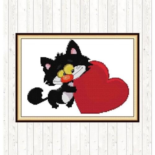 Black Cat and Red Heart 14ct 11ct Count Print Canvas DIY Crafts Needlework Embroidery Patterns Embroidery Kits Cross Stitch Kits