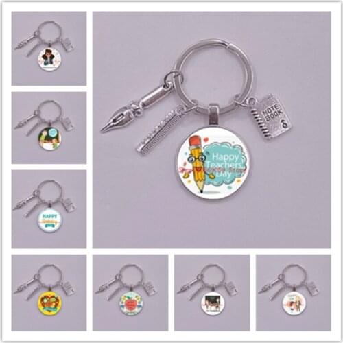 Teachers day keychain Thank You Teacher Text Keychain Note book Fountain pen ruler charm key ring Jewelry Teachers Day Gift