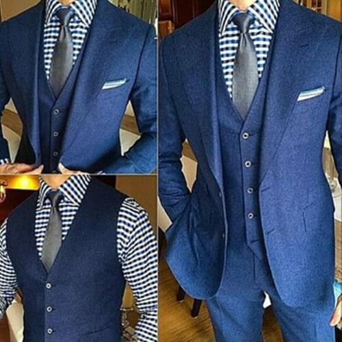 2020 Blue Polyester+Cotton Men Suit For Business Peaked Lapel Two Button Slim Fit Wedding Formal Prom Tuxedos