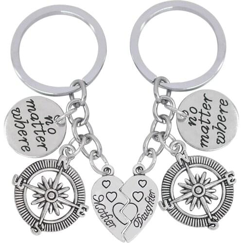 New Key Chain For Mother And Daughter No Matter Where It Is Compass Alloy Pendant Fashion Heart-shaped Key Chain Key Ring