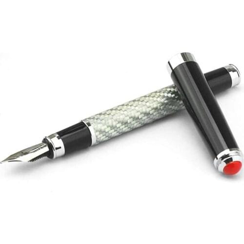 Fuliwen Carbon Fiber Classic Fountain Pen Medium Nib 0.7mm , Advanced Little Silver Grid & Black Cap Advanced Writing Pens