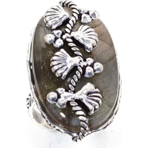 Labradorite Ring Silver Overlay over Copper, USA Size 7.75 , R5749