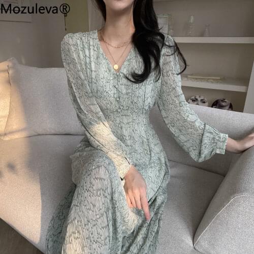 Mozuleva Chic Autumn Chiffon Green Dress for Women Stylish V Neck Floral Printed Long Sleeve Long Dress Female Beach Vestidos