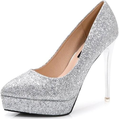 Women Pumps Brand 12CM Thin High Heels Sequined Cloth Slip On Pointed Toe waterproof fashion Bling Party Wedding women shoes