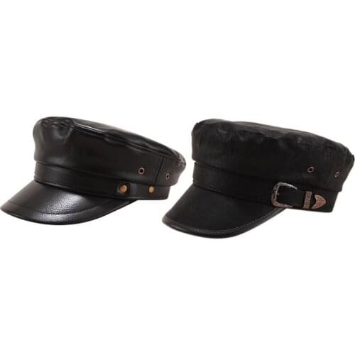 Korean Women Vintage Faux Leather Black Flat Navy Cap Newsboy Painter Classic Visor Military Peaked Hat with Rivet Belt Decor
