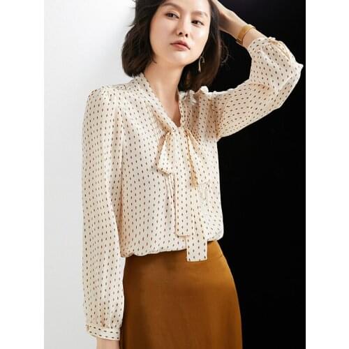 Bowknot high-end silk shirt womens long-sleeved lace 2021 new style polka dot printing elegant silk blouse