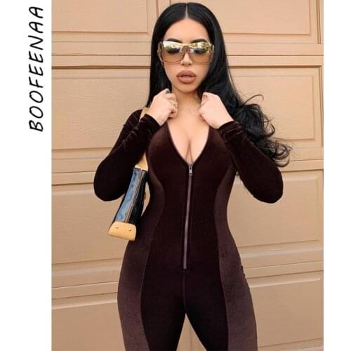 BOOFEENAA 2020 Fall Winter Velvet Women Jumpsuits Long Sleeve Zipper Bodycon Rompers Sporty Sexy One Piece Outfits C70-DD39