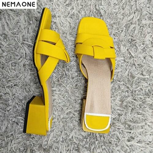 2020 New women slippers pu leather 4.2cm square heels slipper open toe women sandals pink blue yellow ladies casual shoes woman