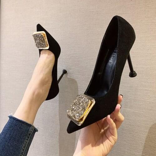 Women Pumps High Heels Lady Suede Leather Crystal Square Buckle Thick with Autumn Pointed Single Shoes Wedding Female Shoes