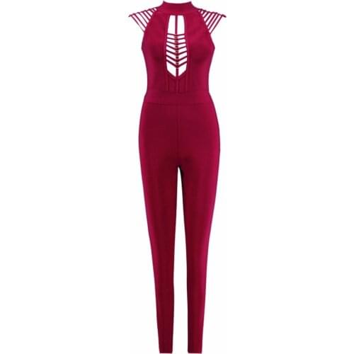 Sexy Lady Sleeveless hollow out fitness women clothing fashion sexy hot slim bodycon bandage jumpsuits solid red wine ladies