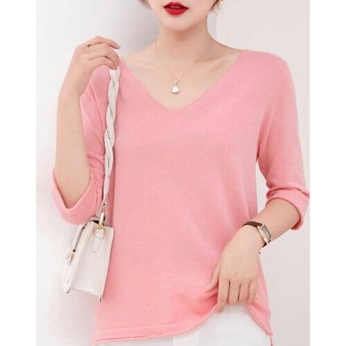 Summer Womens Tees Sexy V-Neck Half Sleeve Sweater Female Pullover 100% Cotton Knitted Jumpers Loose Cool Clothing T-Shirt Tops