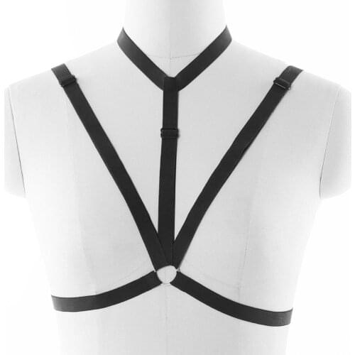 Woman Rave Black Goth Harness Bra Sexy Lingerie Fetish Body Harness Belt Cage Bra Bondage Harness Stocking Belt