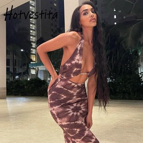 Hotvestita 2021 Summer Sexy V Neck Halter Backless Long Dress Print Chest Hollow Out Bodycon Women Elegant Party Club Maxi Dress