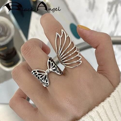 BLACK ANGEL Vintage Hollow Butterfly Wings 925 Sterling Silver Rings for Women New Fashion Creative Wedding Bride Jewelry Gifts