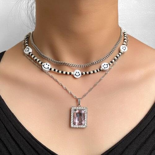 Multilayer Black White Smiley Rice Beaded Necklaces For Women Pink Square Crystal Pendant Clavicle Chain Necklace Party Jewelry