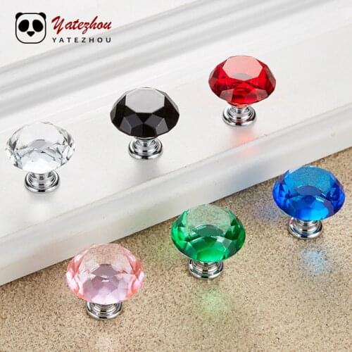 6Pcs/set 30mm Colored Crystal Design Diamond Glass Knobs Cupboard Drawer Pull Kitchen Cabinet Door Wardrobe Handles Hardware