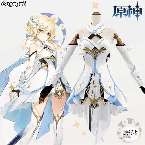 Anime Genshin Impact Traveler Lumine Game Suit White Lovely Dress Uniform Cosplay Costume Halloween Party Outfit For Women Girls