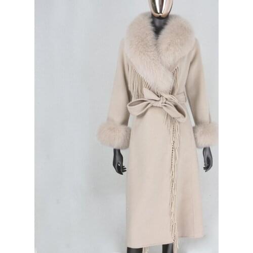 FURBELIEVE 2020 X-long Tassel Cashmere Wool Blends Real Fur Coat Winter Jacket Women Natural Fox Fur Collar and Cuffs Streetwear