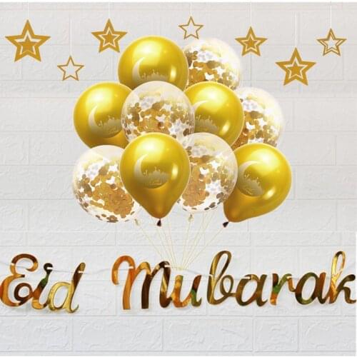 Eid Mubarak Festival Decoration Banner Sequins Confetti Balloos Star Pendant Set Moon Castle Printed Latex Balloon Letter Banner