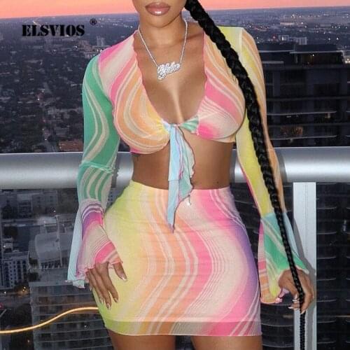 Summer Women Sexy Deep V Low-Cut Horn Long-Sleeve + High Waist Short Skirt Two-Piece Sets Sweet Girl Club Party Mesh Print Suits