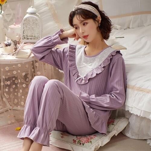 Sweet Pajamas For Women New Long Sleeve Cotton Pijamas Set Princess Lace Students Sleepwear Pyjamas Suit Big Size Homewear