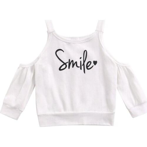 2021 0-6Y Casual Toddler Baby Sweatshirt SMILE Letter Print Cold Shoulder Long Sleeve White Top Spring Fall Pullovers