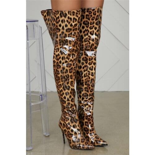 Fashion Patent Leather Thigh High Leopard Boots Pointed Toe High Heels Women Shoes Luxury Back Zipper Over The Knee Boots 2020