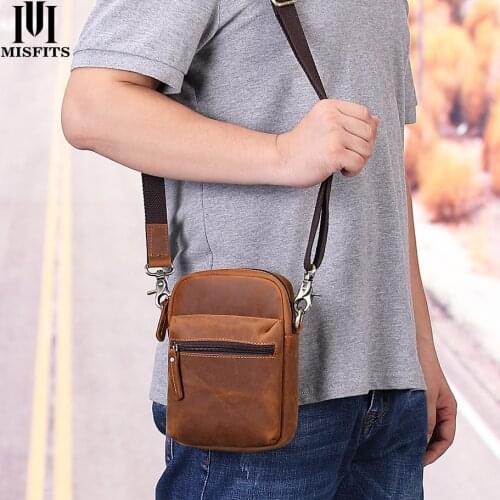 MISFITS 100% genuine leather men shoulder bag travel waist pack casual small crossbody bags cell phone pouch belt messenger bag