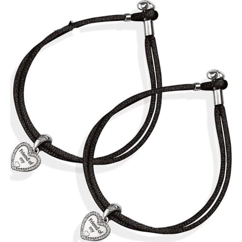 NEW 100% 925 Sterling Silver Minimalist Original FRIEND OF MY HEART HANGING CHARM Fabric Cord Black Bracelet Set CS1717