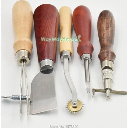 One Set Leather Craft Skiving Sewing Tool 5 Style Wood Edge Skiving Knife Kit Awl Punch Groover Metal and wood