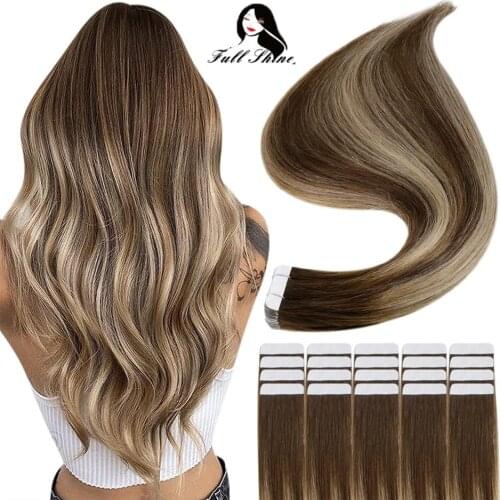 Full Shine Tape In Hair Extensions 50g 20pcs Glue On Balyayage Color 100% Human Hair Extensions Adhesive machine made remy