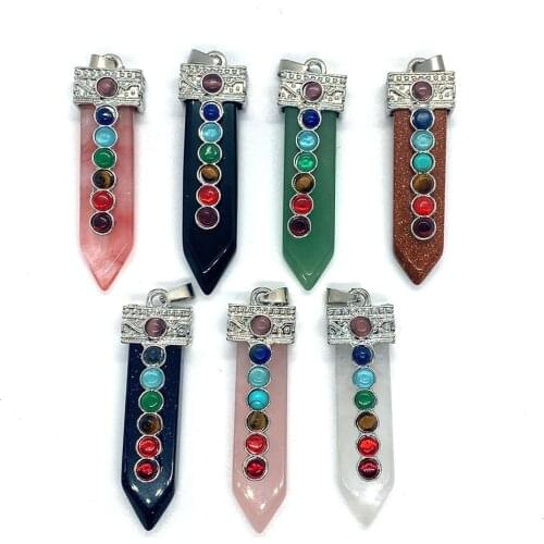 Natural Stone Seven Chakra Pendant Healing Stone Lapis Lazuli Opal Black Agate Halo Stone Inlaid Gemstone DIY Jewelry Making