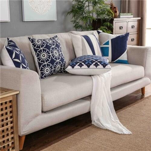 Home Decor Emboridered Cushion Cover Dark Blue Floral Abstract Geometric Canvas Cotton Suqare Embroidery Pillow Cover 45x45cm