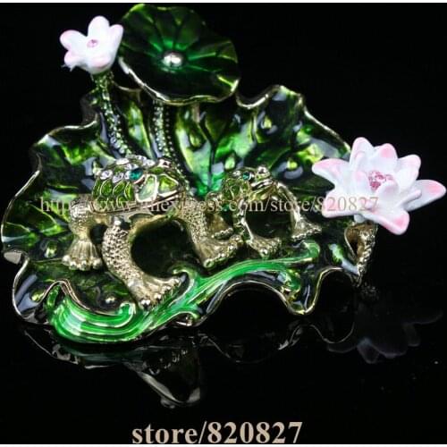 NEW 2 Frogs Sitting on Lotus Decoration Art Design Jewelry Box Czech Crystal Frog Trinket Box Gifts