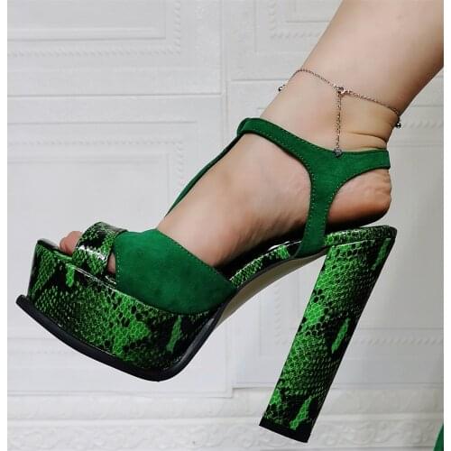 New summer woman chunky high heel T strap green snake platform sandal peep toe plus size custom make real photos