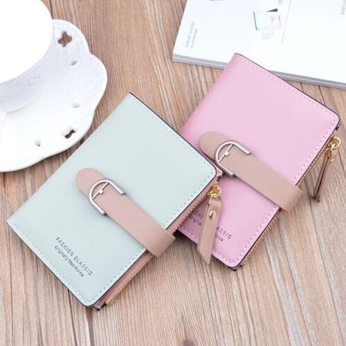 New Womens Wallet Short Zipper Soft PU Leather Wallet Female Student Korean Fashion Draw Belt Buckle Change Bag
