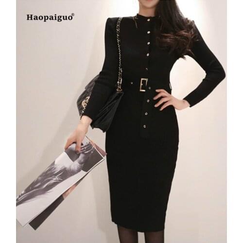 Solid Women Pencil Dress 2018 Autumn Black Long Sleeve Stand Knee-length Button Office Club Knitting Dress Work Dresses Elbise